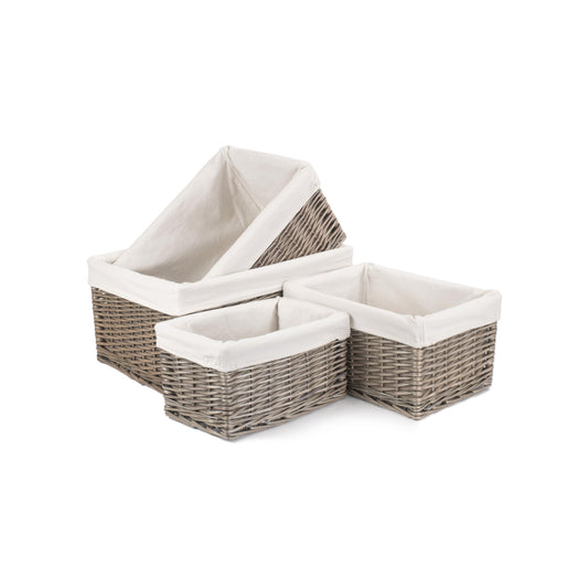 Antique Wash Willow Storage Basket with White Lining Set 4