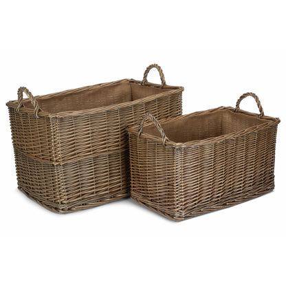 Antique Wash Rectangular Hessian Lined Basket Set 2