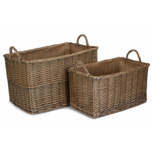 Antique Wash Rectangular Hessian Lined Basket Set 2