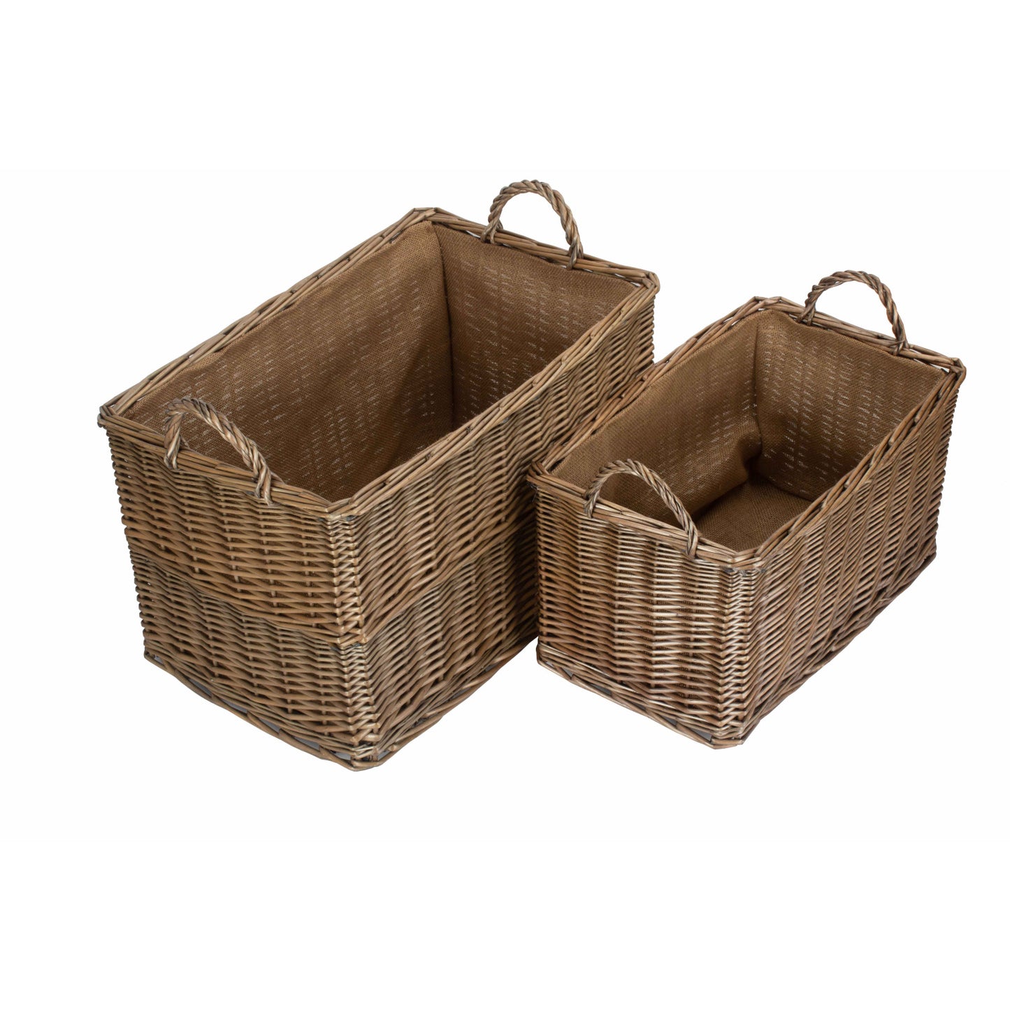 Antique Wash Rectangular Hessian Lined Basket Set 2