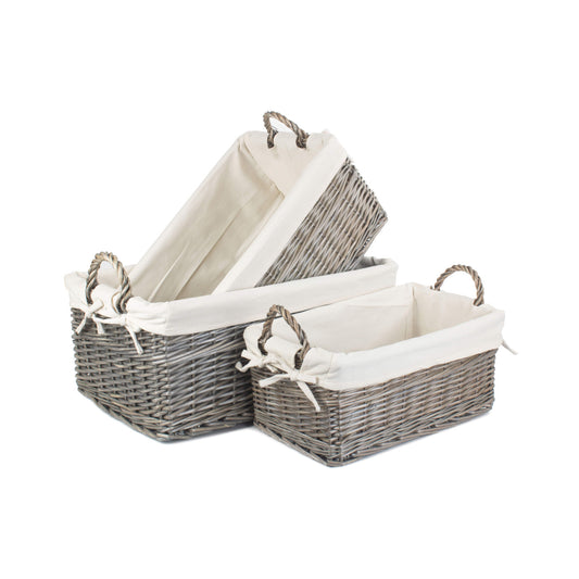 Shallow Antique Wash Storage Basket with White Lining Set 3