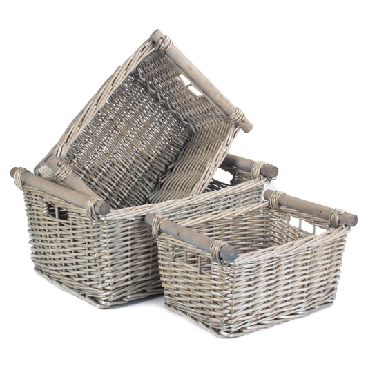 Antique Wash Wooden Handled Storage Basket Set 3