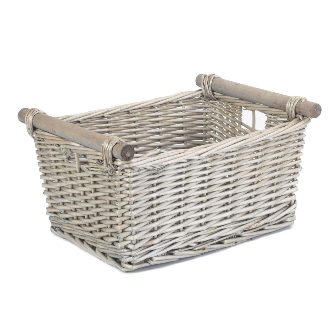 Medium Antique Wash Wooden Handled Storage Basket