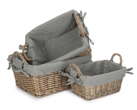 Antique Wash Willow Tapered Storage Baskets with Grey Sage Lining Set 3