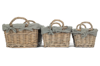 Antique Wash Willow Tapered Storage Baskets with Grey Sage Lining Set 3