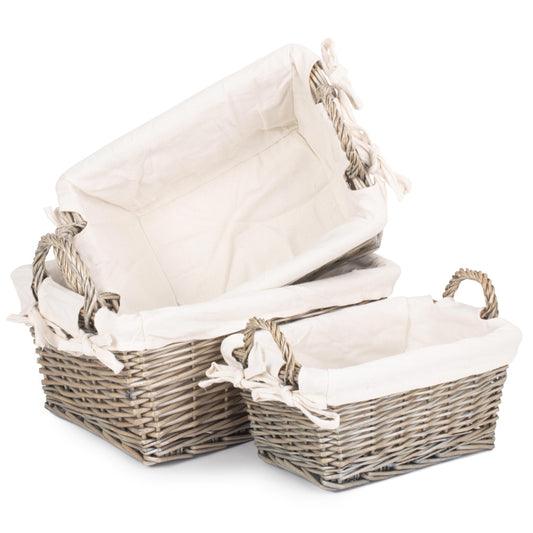 Antique Wash Willow Tapered Storage Baskets with White Lining Set of 3