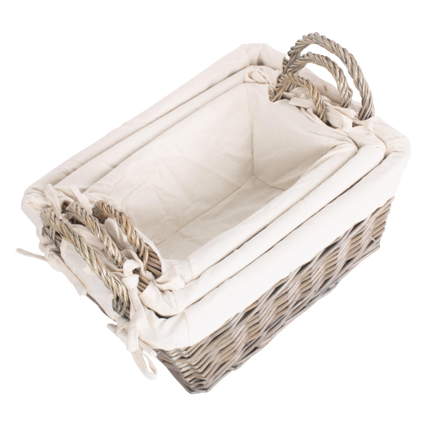 Antique Wash Willow Tapered Storage Baskets with White Lining Set of 3