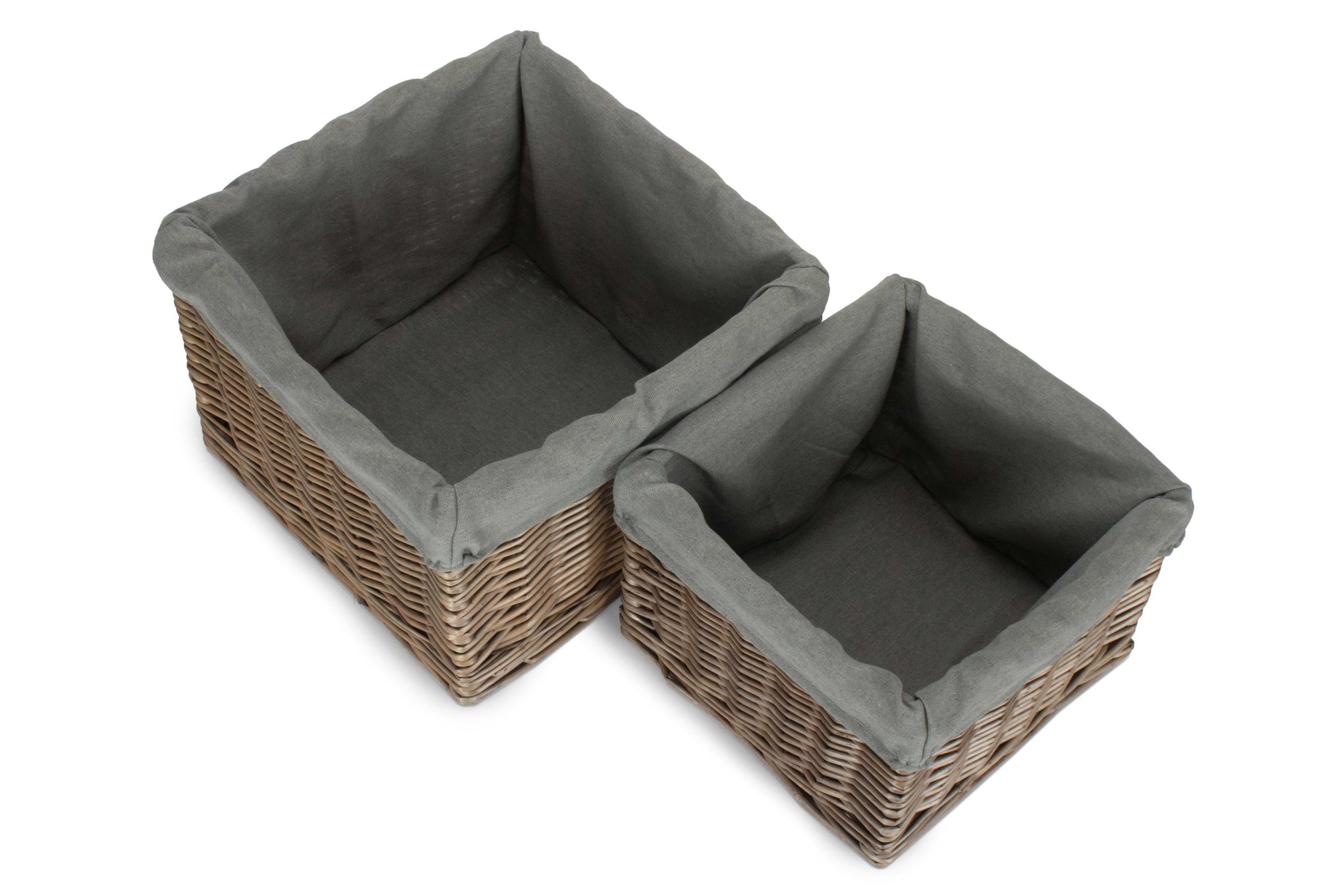 Square Antique Wash Willow Storage Basket with Grey Sage Lining Set 2