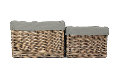 Square Antique Wash Willow Storage Basket with Grey Sage Lining Set 2