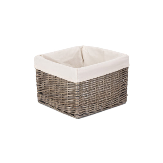 Small Square Antique Wash Willow Storage Basket with White Lining