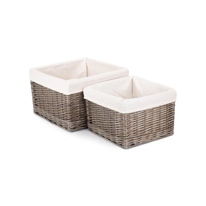 Square Antique Wash Willow Storage Basket with White Lining Set 2