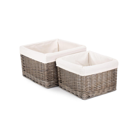 Square Antique Wash Willow Storage Basket with White Lining Set 2
