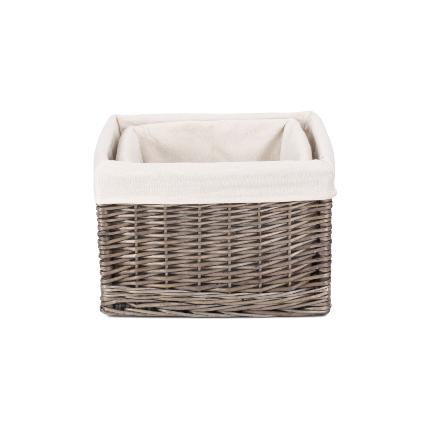 Square Antique Wash Willow Storage Basket with White Lining Set 2