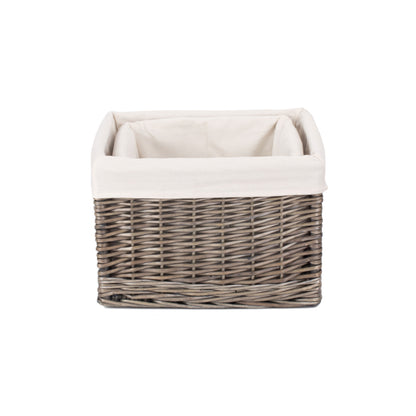 Square Antique Wash Willow Storage Basket with White Lining Set 2