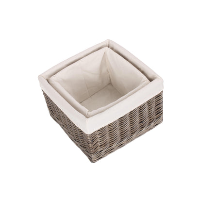 Square Antique Wash Willow Storage Basket with White Lining Set 2