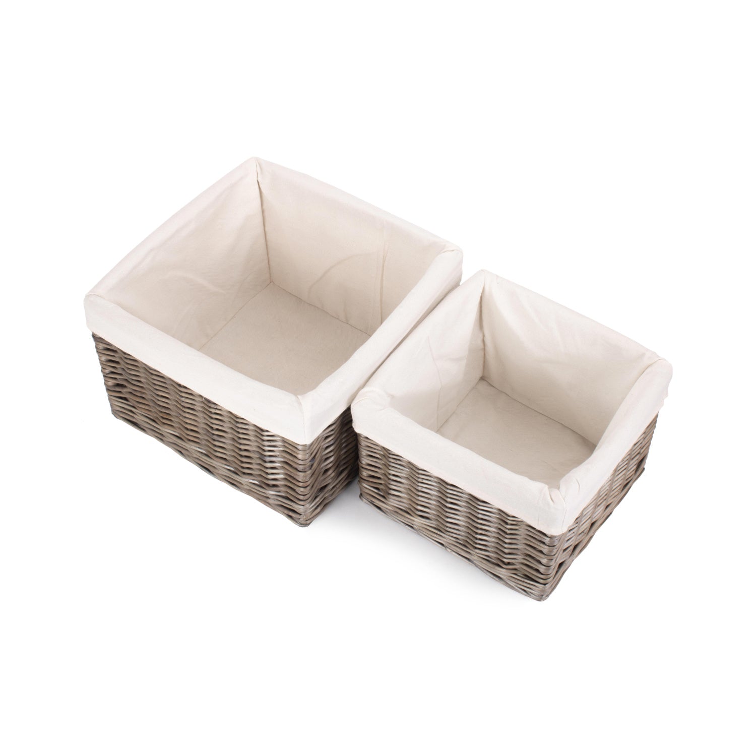 Square Antique Wash Willow Storage Basket with White Lining Set 2