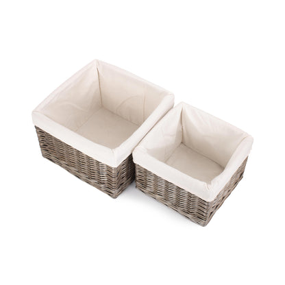 Square Antique Wash Willow Storage Basket with White Lining Set 2