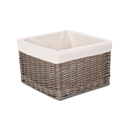 Medium Square Antique Wash Willow Storage Basket with White Lining