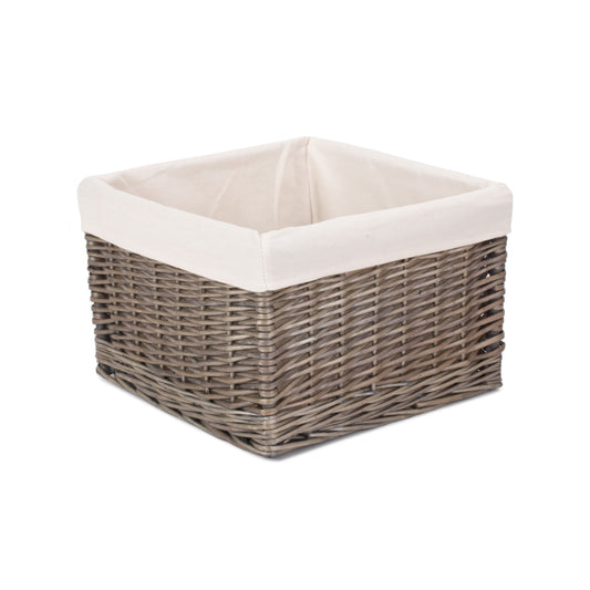 Medium Square Antique Wash Willow Storage Basket with White Lining