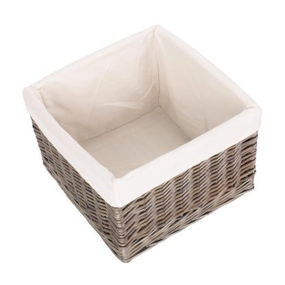 Medium Square Antique Wash Willow Storage Basket with White Lining