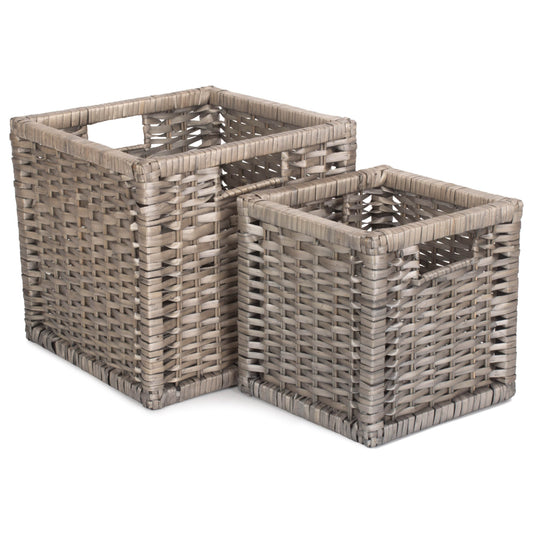 Wooden Framed Split Willow Storage Basket Set 2