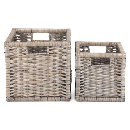Wooden Framed Split Willow Storage Basket Set 2
