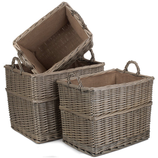 Rectangular Lined Wicker Log Storage Basket Set 3