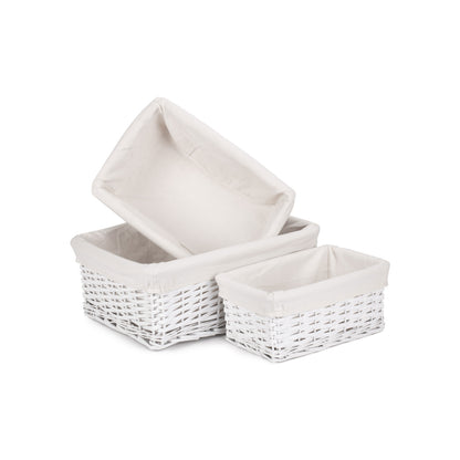 White Wicker Storage Basket with White Lining Set 3
