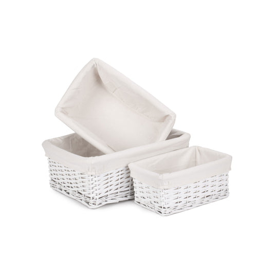 White Wicker Storage Basket with White Lining Set 3