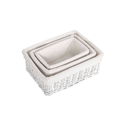 White Wicker Storage Basket with White Lining Set 3