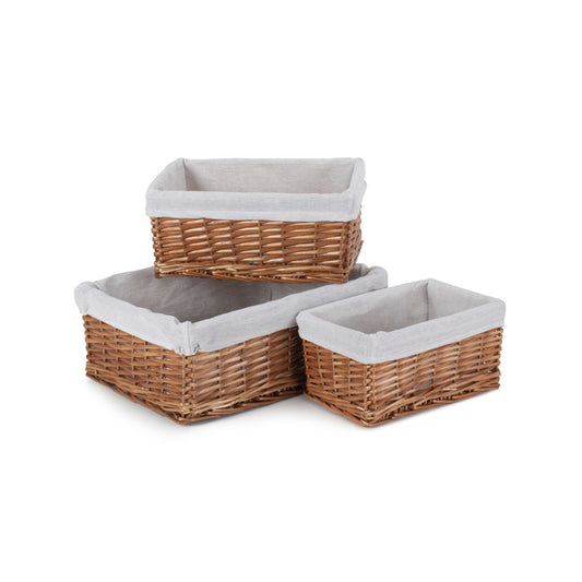 Double Steamed Wicker Storage Basket with White Lining Set 3