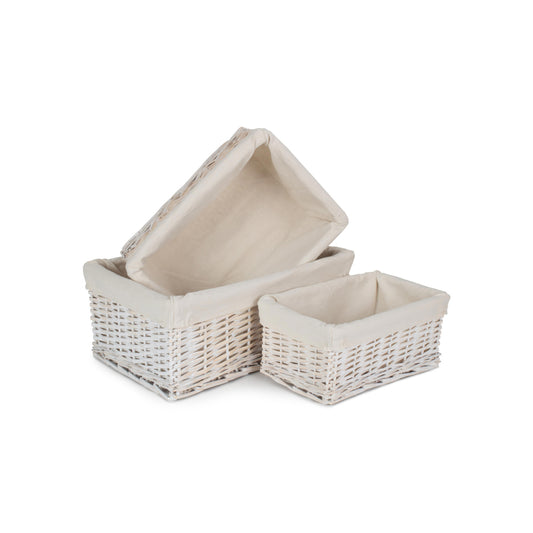 White Wash Wicker Storage Basket with Lining Set 3