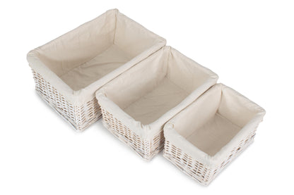 White Wash Wicker Storage Basket with Lining Set 3