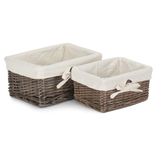 Antique Wash Willow Basket with Lining Set 2