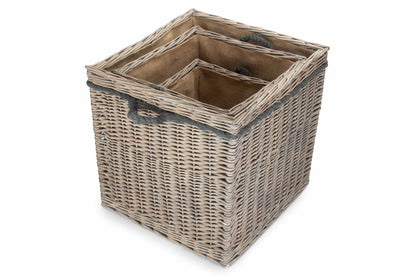 Grey Wash Willow Square Storage Basket Set 3