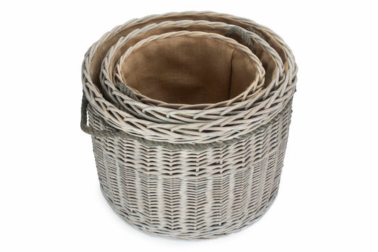 Grey Wash Willow Round Storage Basket Set 3