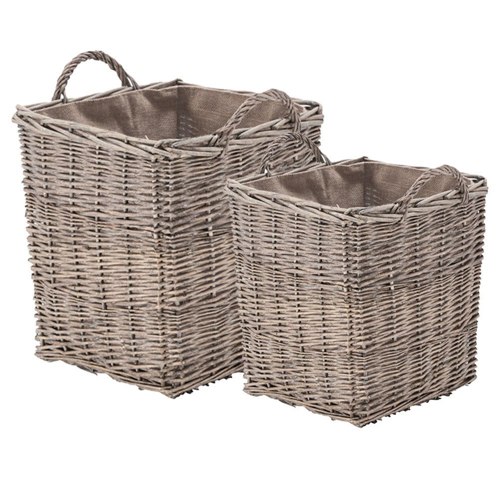 Wovenhill Wicker Grey Wash Square Log Basket with Hoop Handles