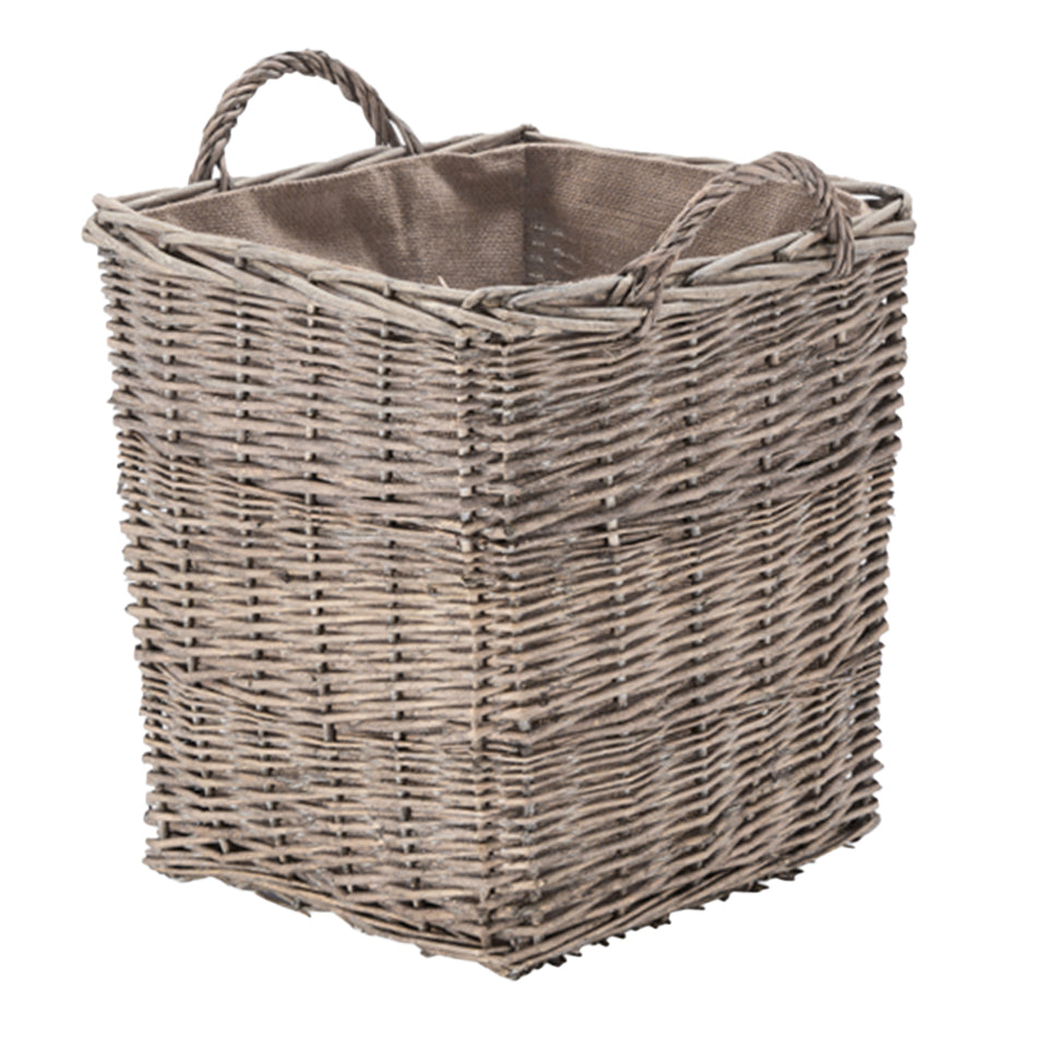 Wovenhill Wicker Grey Wash Square Log Basket with Hoop Handles