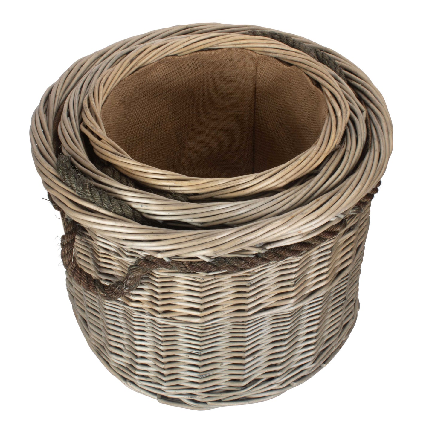 Antique Wash Round Rope Handled Log Basket Largest Set 3