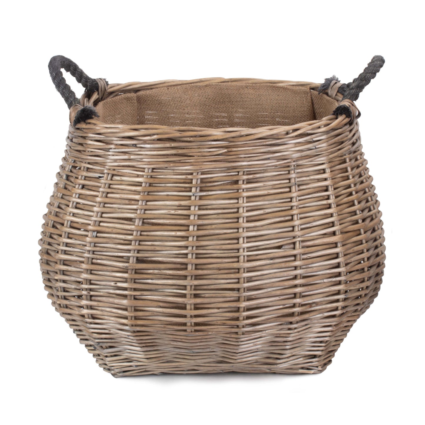 Curve-sided Antique Wash Hessian Lined Log Basket