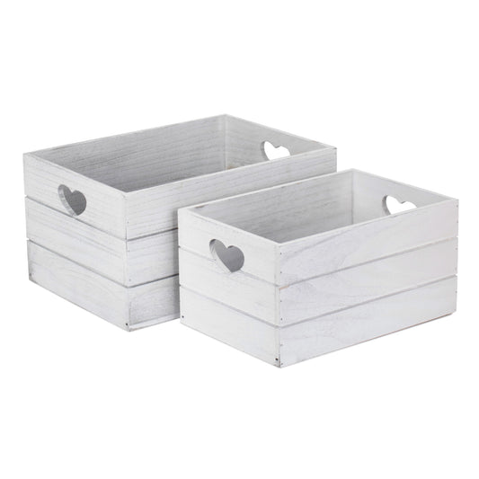 Vintage White Wash Heart Cut-Out Crate Set 2