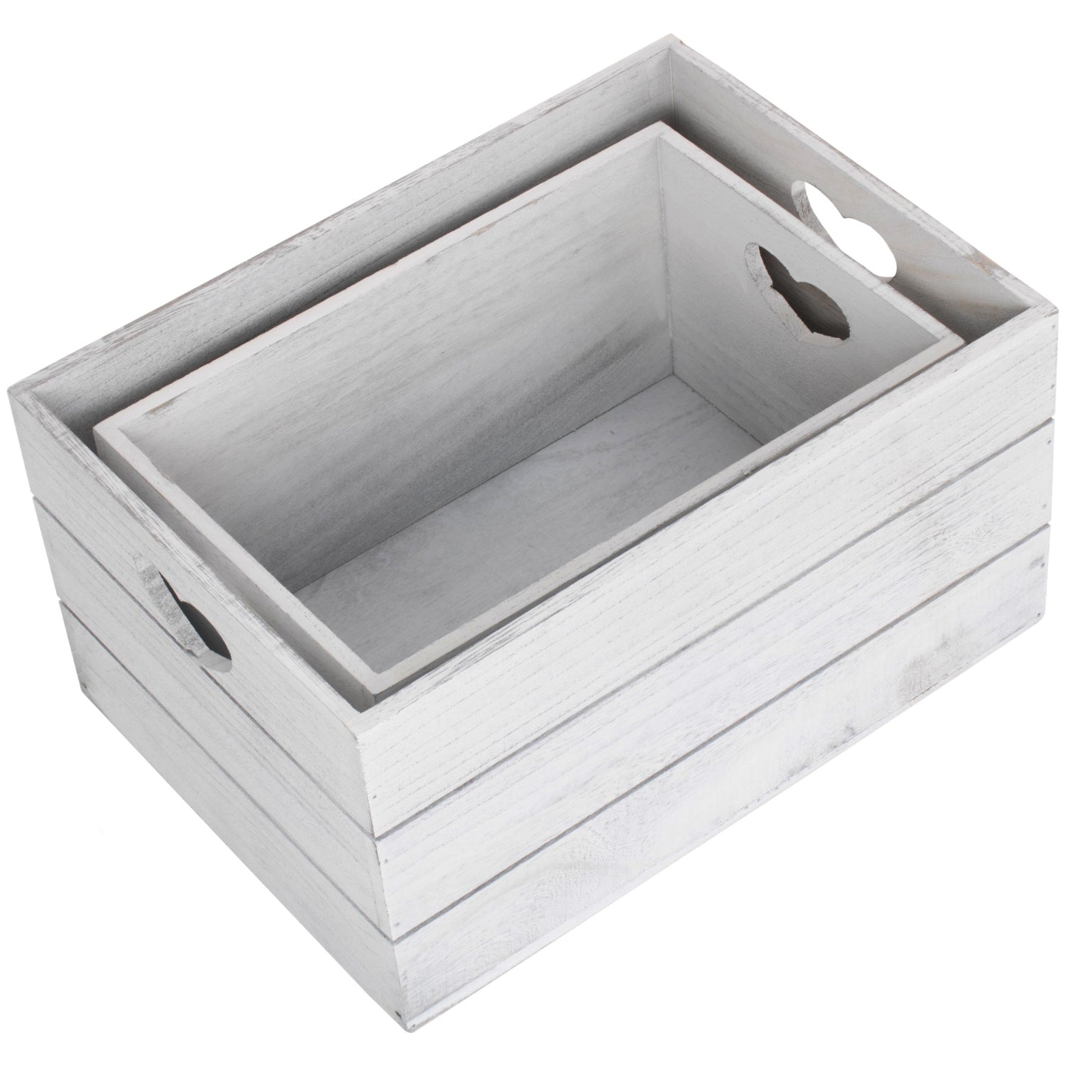 Vintage White Wash Heart Cut-Out Crate Set 2
