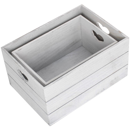 Vintage White Wash Heart Cut-Out Crate Set 2