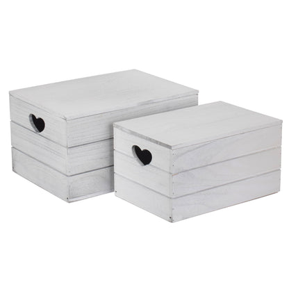 Vintage White Wash Heart Cut-Out Box with Lid Set 2