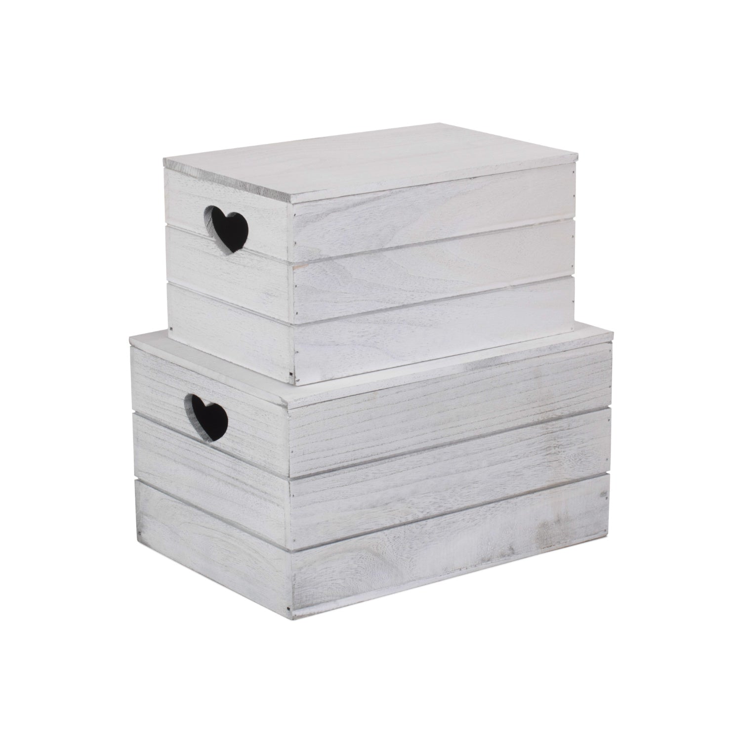 Vintage White Wash Heart Cut-Out Box with Lid Set 2