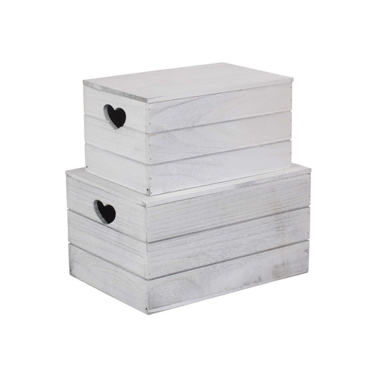 Vintage White Wash Heart Cut-Out Box with Lid Set 2