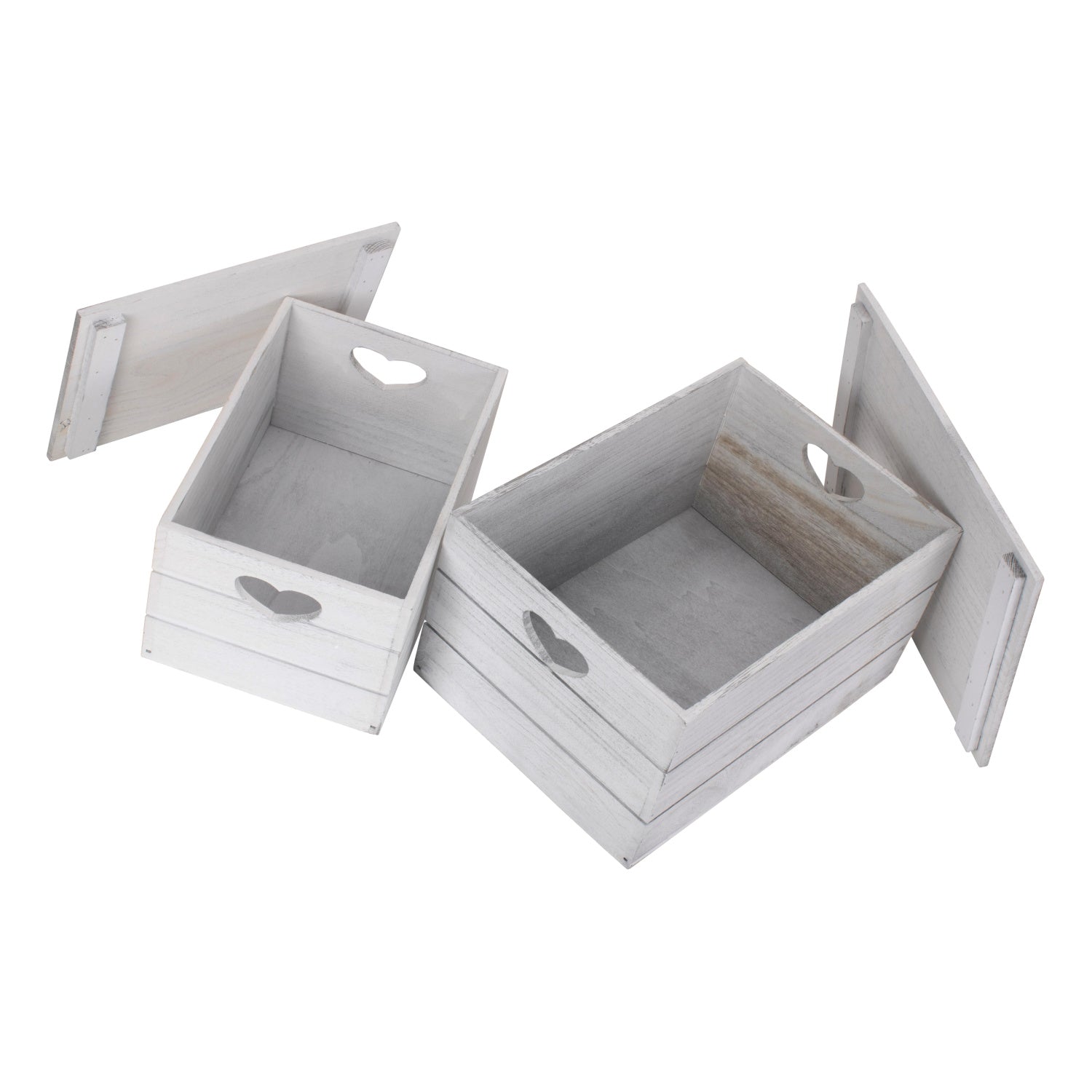 Vintage White Wash Heart Cut-Out Box with Lid Set 2