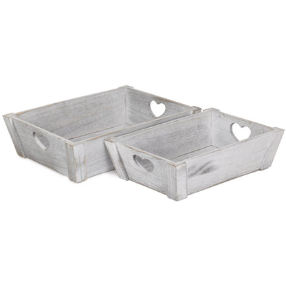 Vintage White Wash Heart Cut-Out Tray Set 2