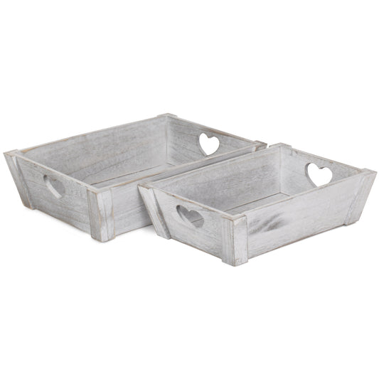 Vintage White Wash Heart Cut-Out Tray Set 2