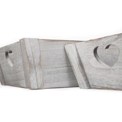 Vintage White Wash Heart Cut-Out Tray Set 2